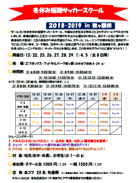 20182019冬休み短期サッカースクール